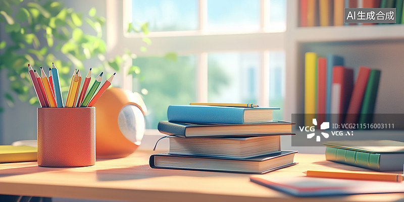 【AI数字艺术】教室内书桌上的学校书籍堆叠。适用于学生的教育与学习资源，重点是教科书、笔记本和学习指南，推动知识发展图片素材