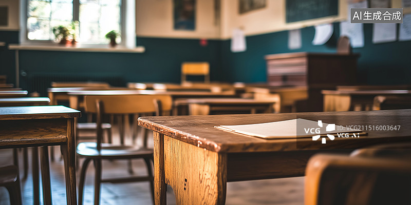 【AI数字艺术】空荡荡的怀旧教室，配有复古木制桌椅，代表回到高中的教育氛围。前面摆放着经典的木制讲台。教育、学术学习图片素材