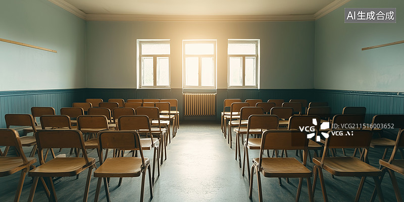 【AI数字艺术】空荡荡的怀旧教室，配有复古木制桌椅，代表回到高中的教育氛围。前面摆放着经典的木制讲台。教育、学术学习图片素材