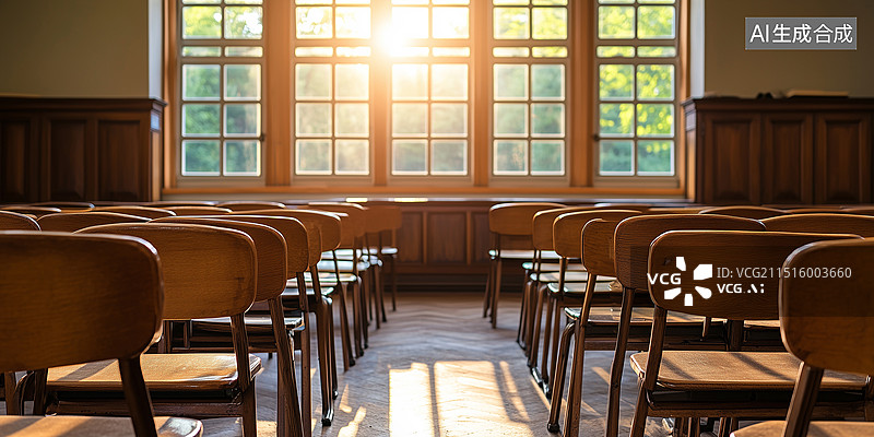 【AI数字艺术】空荡荡的怀旧教室，配有复古木制桌椅，代表回到高中的教育氛围。前面摆放着经典的木制讲台。教育、学术学习图片素材