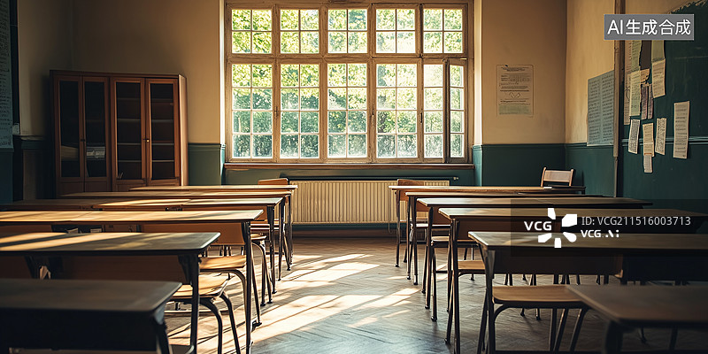 【AI数字艺术】空荡荡的怀旧教室，配有复古木制桌椅，代表回到高中的教育氛围。前面摆放着经典的木制讲台。教育、学术学习图片素材
