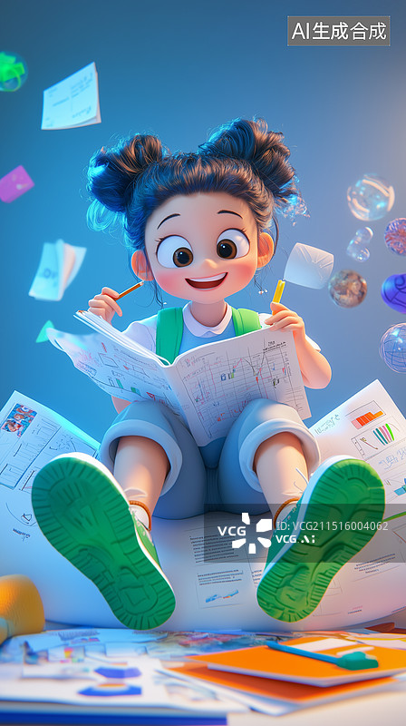 【AI数字艺术】坐在书本上的少年 科学杂志上认真学习思考的学生场景 各类学科里天马行空的想象力 3D,C4D 竖版图片素材