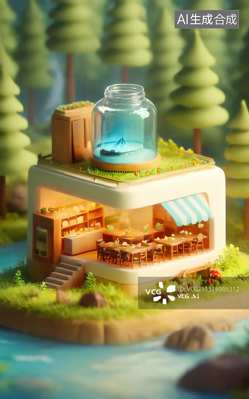 【AI数字艺术】微缩景观森林里的食品屋图片素材