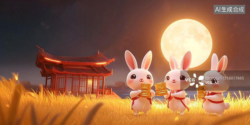 【AI数字艺术】中秋节草地上的兔子背景图片素材