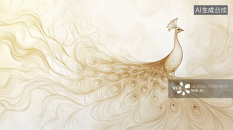 【AI数字艺术】美丽的孔雀羽毛金色线条插画图片素材