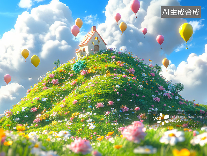 【AI数字艺术】梦幻童话时间山坡和气球和小屋图片素材