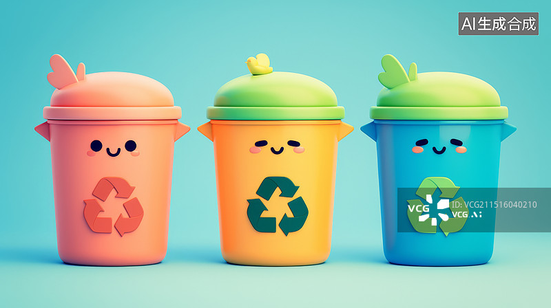 【AI数字艺术】垃圾分类垃圾桶卡通形象图片素材