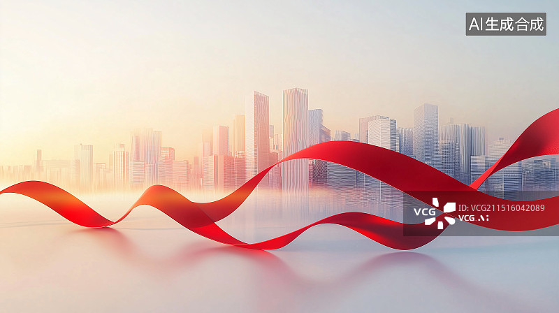 【AI数字艺术】红丝缎飘扬在城市天际线图片素材