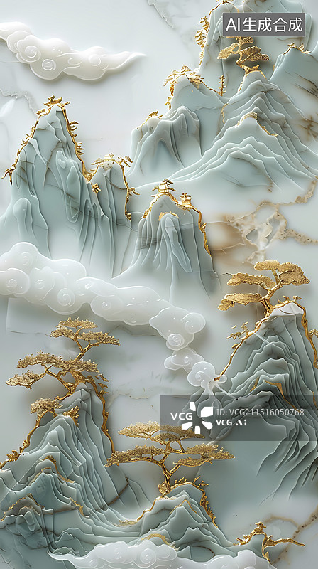 【AI数字艺术】金镶玉雕山水抽象海报背景图片素材