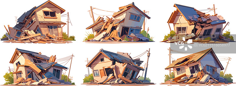 卡通房屋损毁灾难场景图片素材