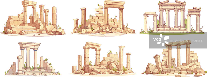 被摧毁的中世纪希腊石柱遗址图片素材