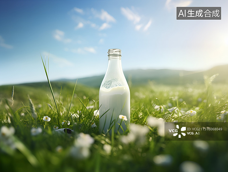 【AI数字艺术】草原上的一瓶牛奶图片素材