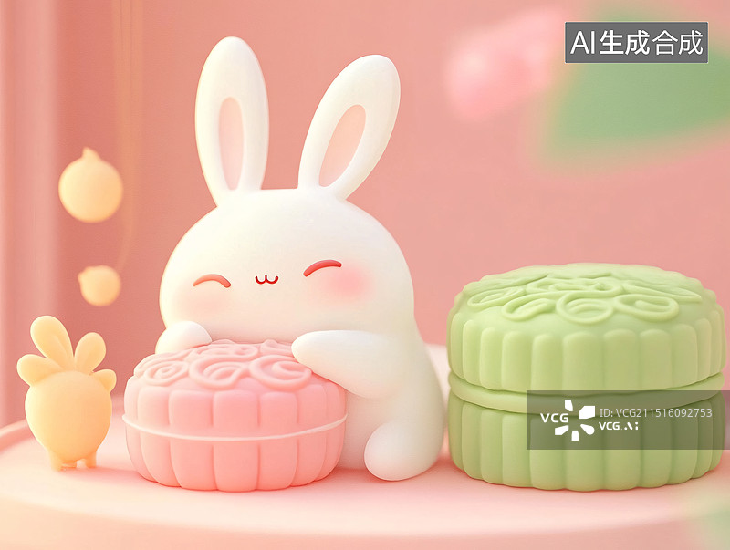 【AI数字艺术】中秋节3D可爱玉兔抱着月饼创意插画图片素材