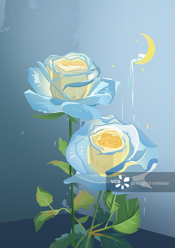 月亮与蓝玫瑰图片素材