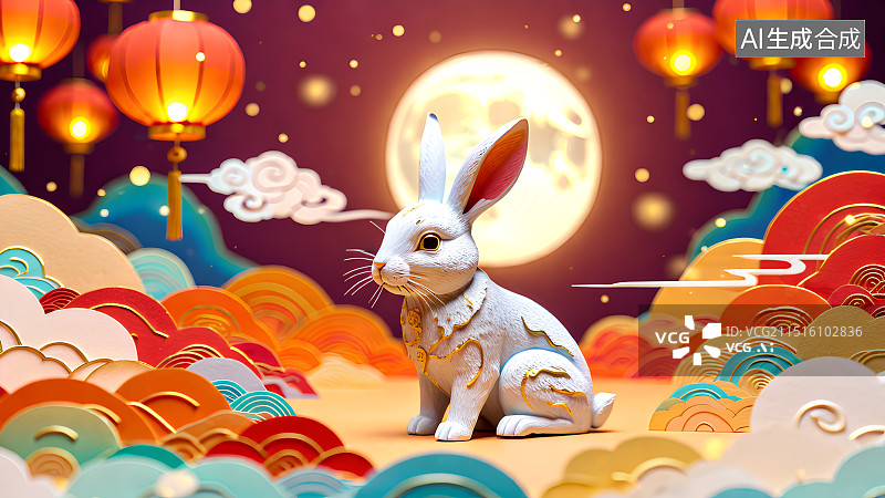 【AI数字艺术】3D渲染玉兔，月亮，灯笼，天灯，孔明灯，春节，新年，中秋节灯会，元宵节庙会，中国传统节日背景图，壁纸图片素材