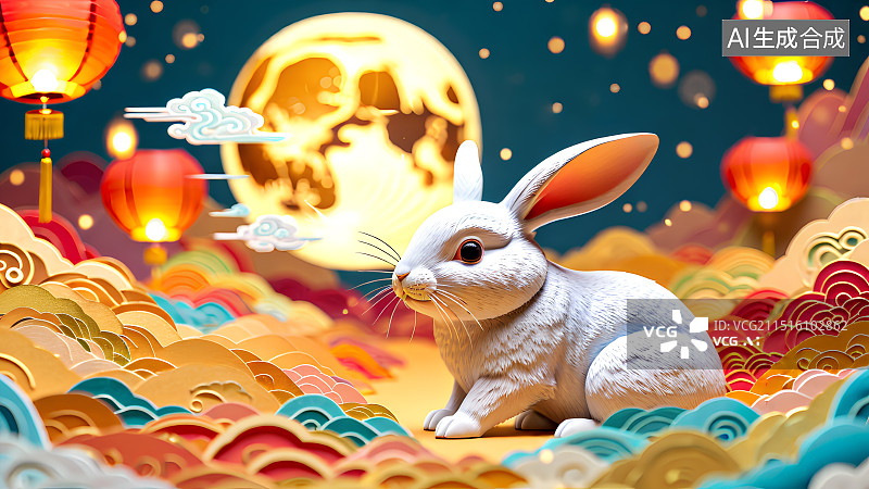 【AI数字艺术】3D渲染玉兔，月亮，灯笼，天灯，孔明灯，春节，新年，中秋节灯会，元宵节庙会，中国传统节日背景图，壁纸图片素材