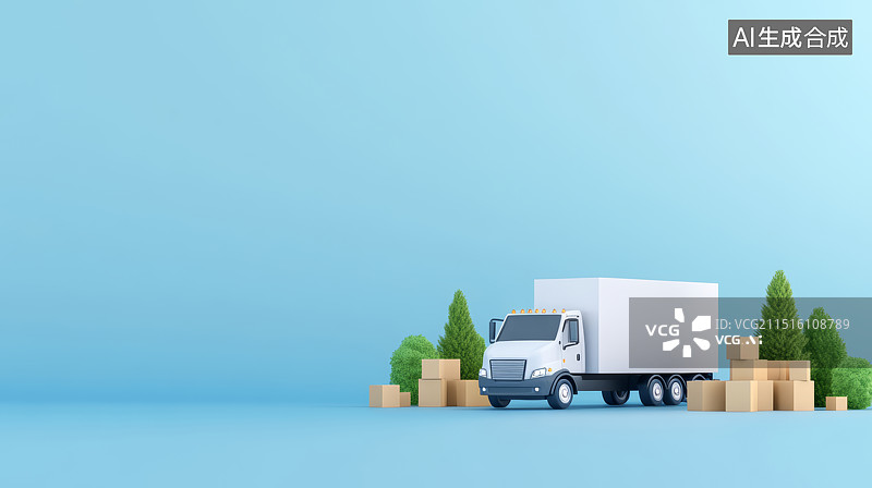 【AI数字艺术】三维卡通插画白色卡车与快递纸箱蓝色背景图片素材