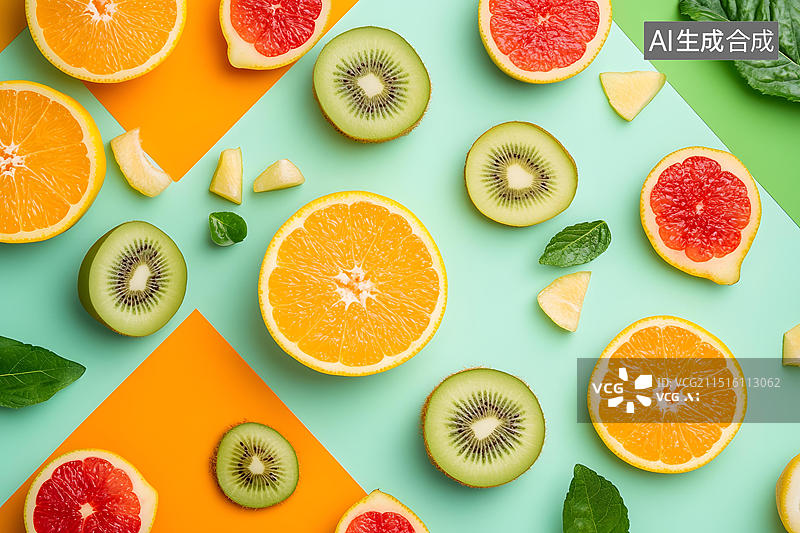 【AI数字艺术】橙色、奇异果、葡萄柚和薄荷叶组成的多彩新鲜水果图案图片素材