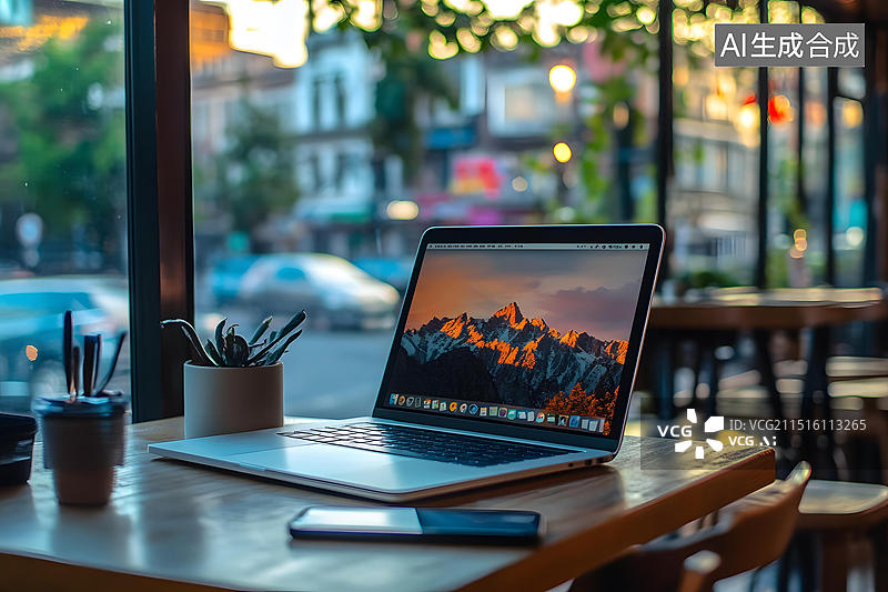 【AI数字艺术】窗边木桌上放着一台笔记本电脑，电脑屏幕上显示着山脉背景图片素材