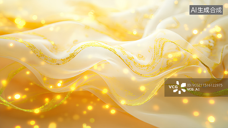 【AI数字艺术】3D渲染，飘动的浅黄色轻纱，丝绸，金色纹理，中国风清新背景图图片素材