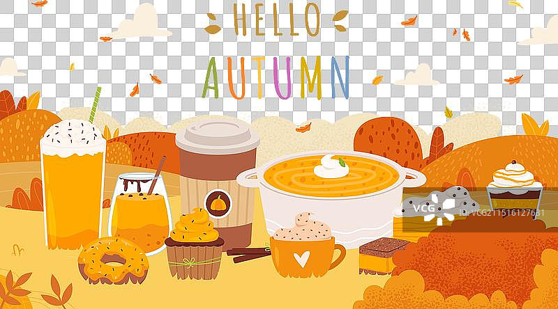 香甜的南瓜季：南瓜拿铁和南瓜汤图片素材