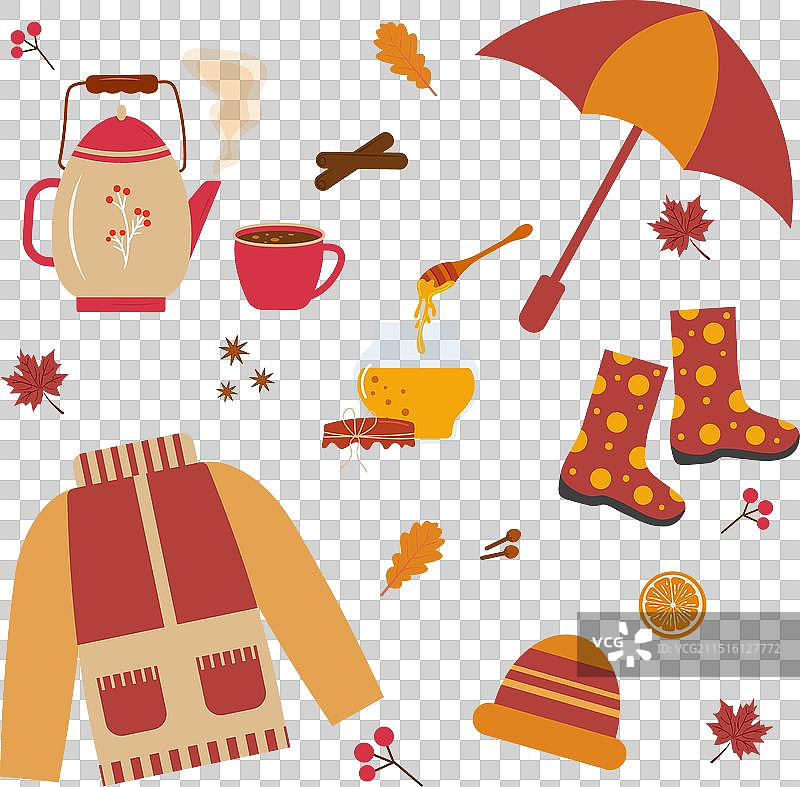 秋季套装：外套、靴子和热饮图片素材