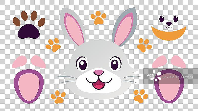 可爱的兔子脚印爪子耳朵和面部图片素材