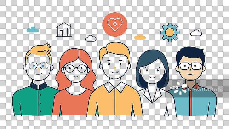 五人营销团队站立涂鸦图片素材