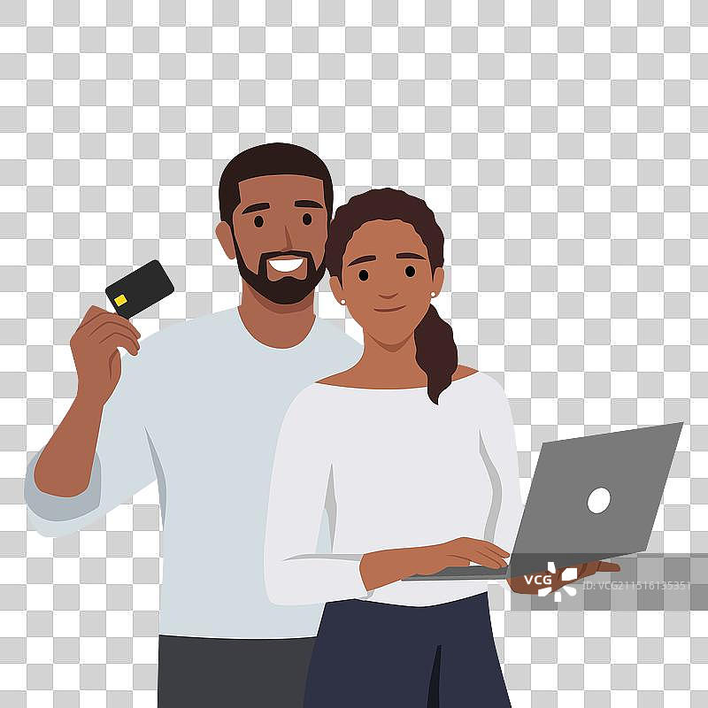 情侣使用黑色信用卡在线购物图片素材