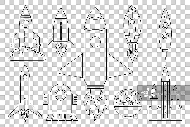 白色背景上的火箭发射图标集图片素材