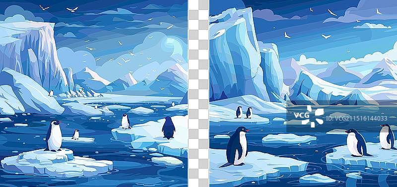企鹅冰块卡通场景海鸟图片素材