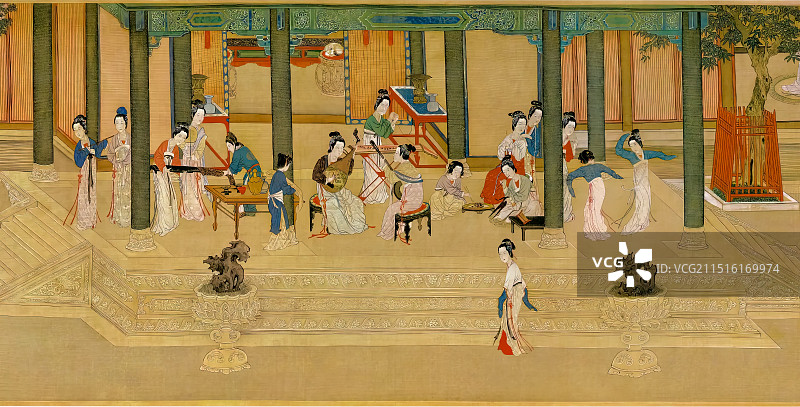 明代仇英汉宫春晓图局部，民族乐队廊下演出图片素材