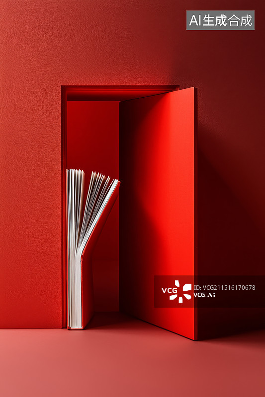 【AI数字艺术】红色墙面上的几何书架设计图片素材