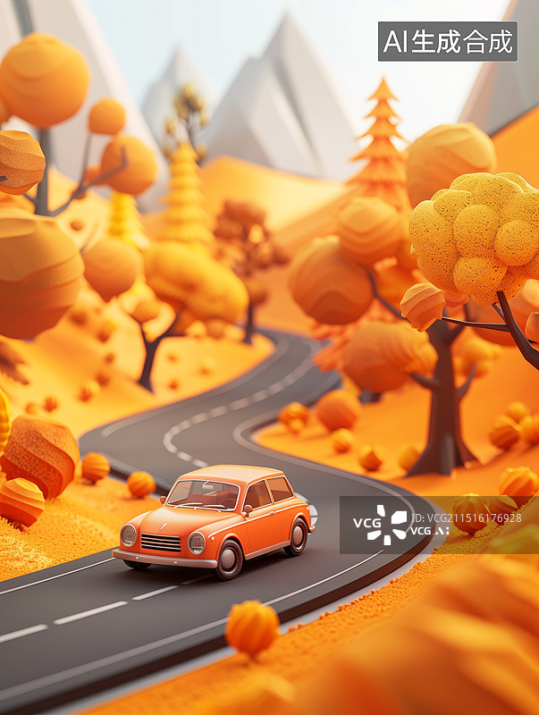 【AI数字艺术】3D秋天户外公路行驶的汽车风景插画图片素材