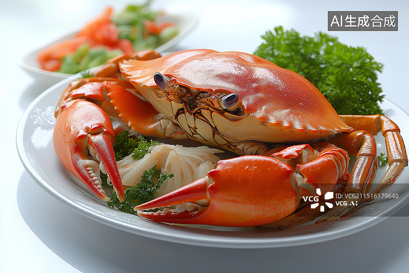 【AI数字艺术】盘子中一只蒸熟的螃蟹图片素材