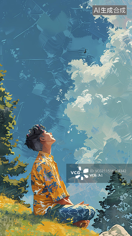 【AI数字艺术】男孩在树下仰望天空插画海报背景图片素材