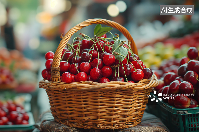 【AI数字艺术】篮子里装满新鲜的樱桃图片素材
