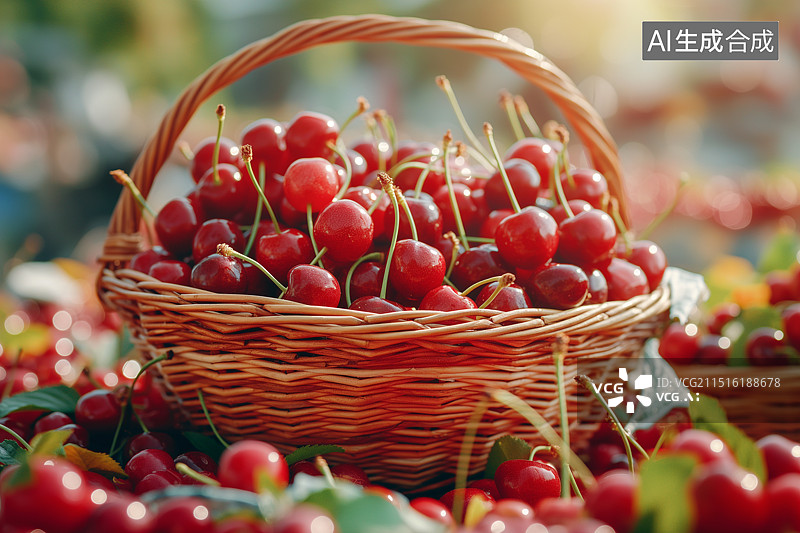 【AI数字艺术】篮子里装满新鲜的樱桃图片素材