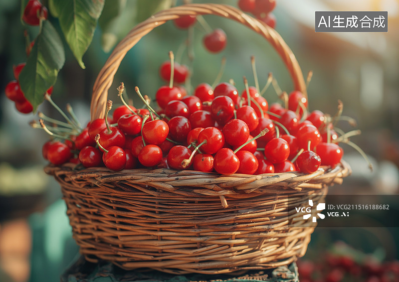 【AI数字艺术】篮子里装满新鲜的樱桃图片素材