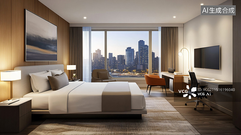 【AI数字艺术】现代商务酒店卧室内景图片素材