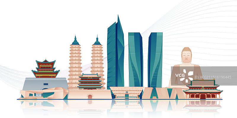 国风山西太原城市印象地标建筑城市天际线矢量插画建筑群图片素材