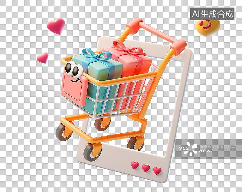 【AI数字艺术】购物车上的礼物盒三维元素图片素材
