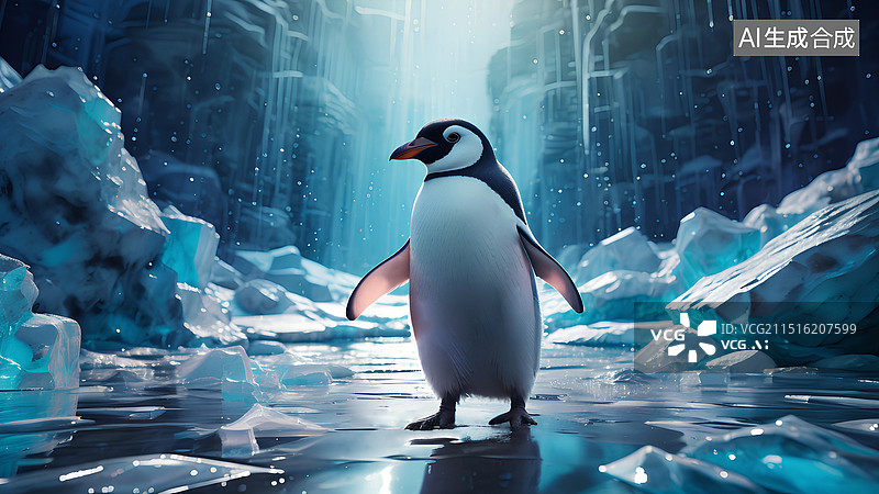 【AI数字艺术】插画 站立在冰面上的企鹅图片素材