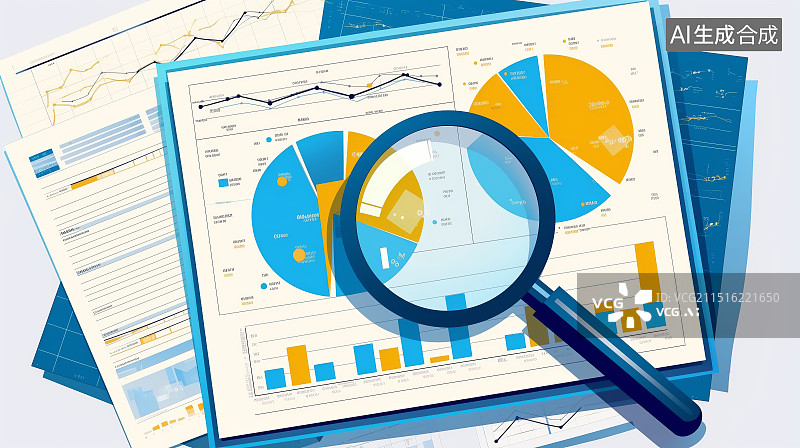 【AI数字艺术】放大镜看商业图表的特写图片素材