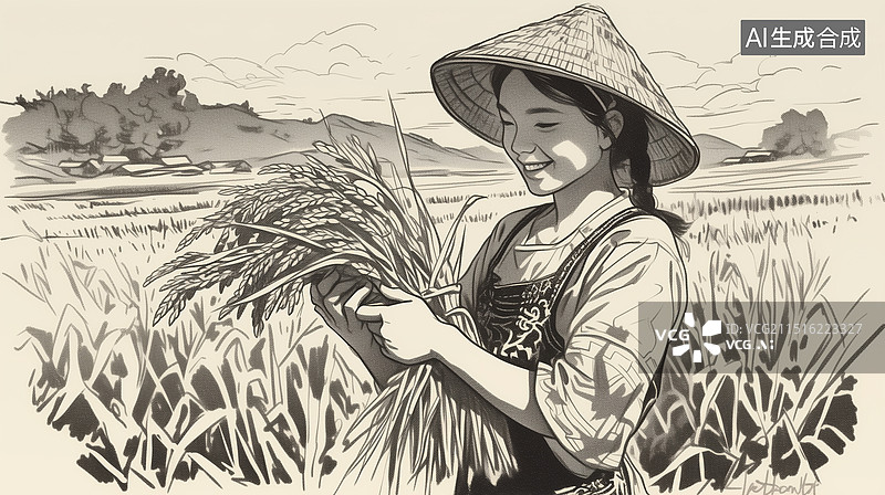 【AI数字艺术】一个女性农民在田野前抱着稻谷 丰收的季节 秋天收获高粱和稻谷的女孩 版画 包装插画 横版图片素材
