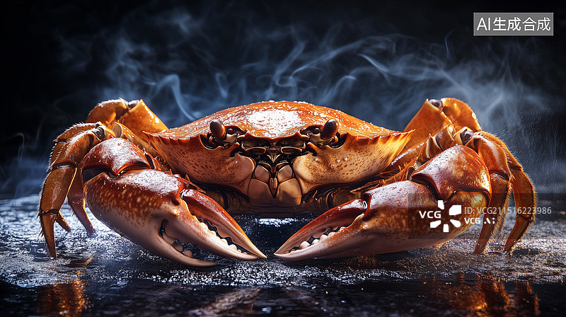 【AI数字艺术】海鲜螃蟹静物特写，一只蒸熟了的大闸蟹，中秋螃蟹，冒着热气 横版图片素材