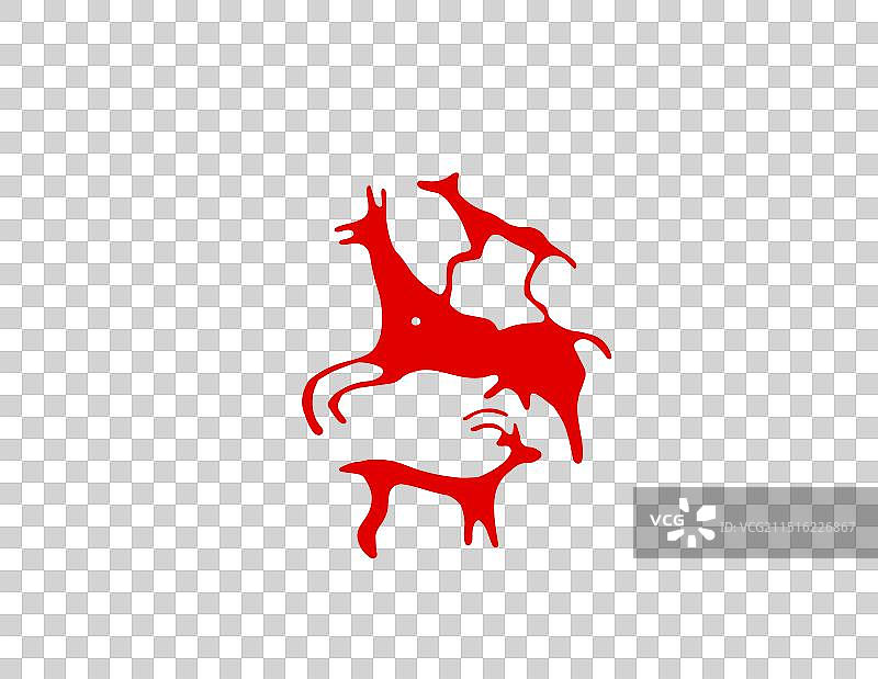 梅花鹿，九色鹿，鹿，动物，传统文化红色剪纸拓片艺术风格插画图片素材