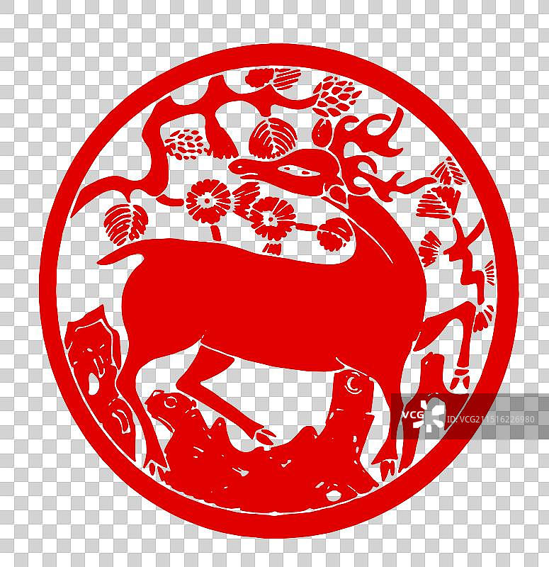 梅花鹿，过年，春节，窗花，鹿，传统文化红色剪纸拓片艺术风格插画图片素材