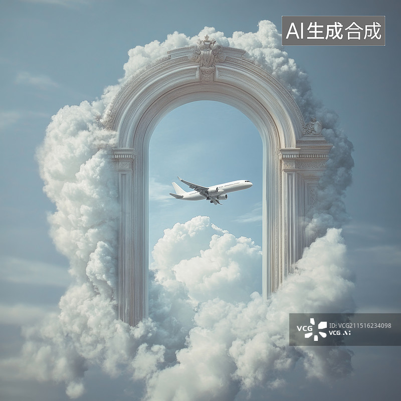 【AI数字艺术】飞机穿越天空之门图片素材