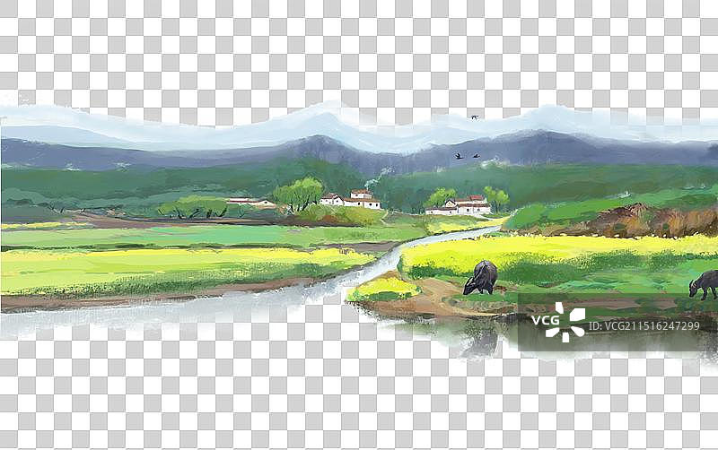 手绘免扣春天山水画图片素材